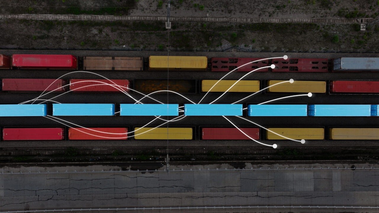 Aerial view of Maersk containers on a freight train.