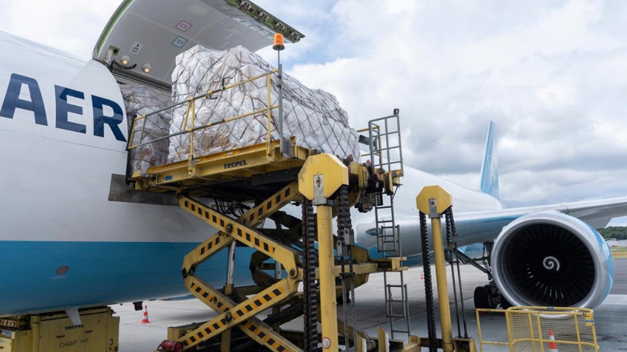 Cargo loading process of a Maersk Air Cargo aircraft.