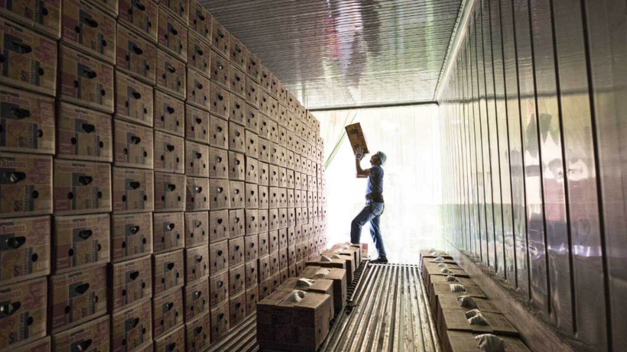 Worker stacking boxes inside cargo container