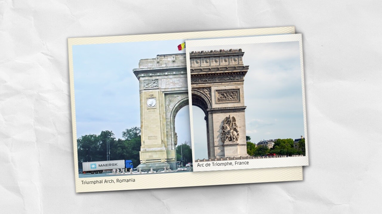 A photo collage of Trimphal Arch, Romania and Arc de Triomphe, France