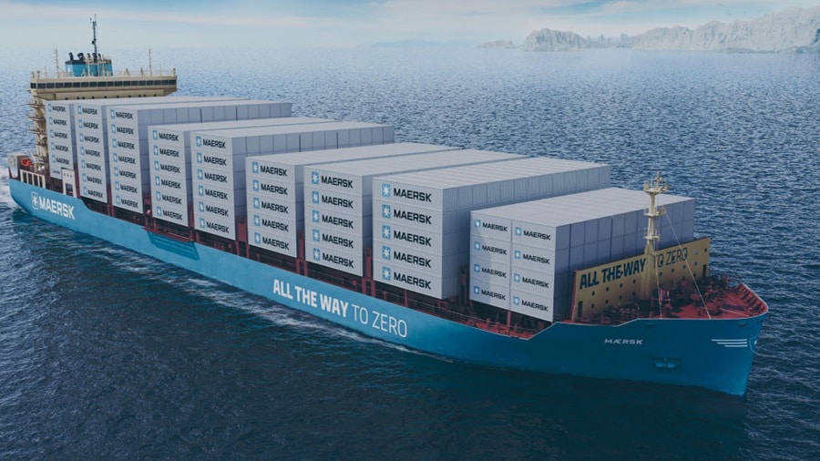 Overview shot of Maersk vessel in an ocean