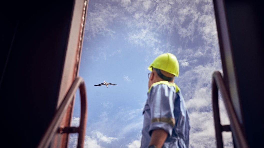 A seafarer looks up a blue sky representing the journey to net zero greenhouse gas emissions