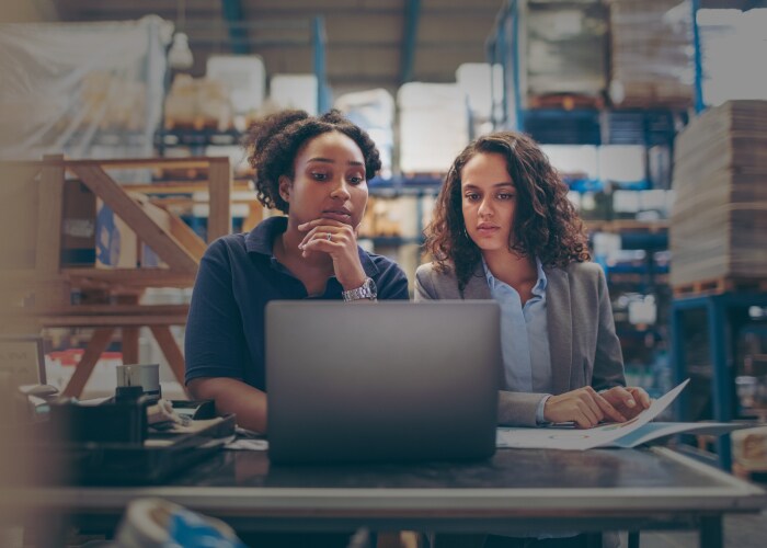 A couple of women looking for customs information on their laptop