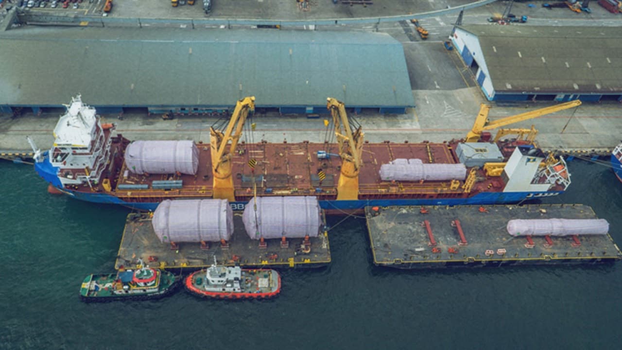 Aerial view of a large ship in the water
