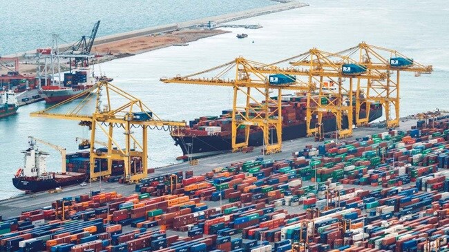 operational port with vessels, cargo-handling equipment 