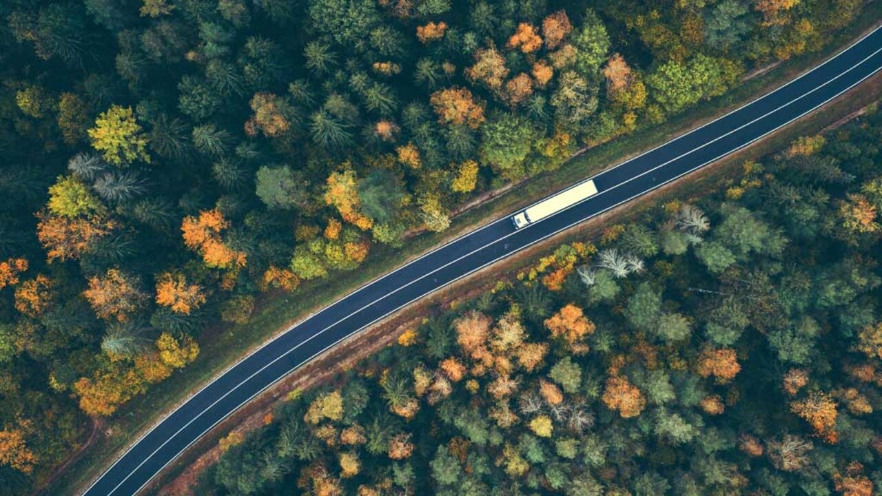 Aerial shot of a truck going through a field of trees 
