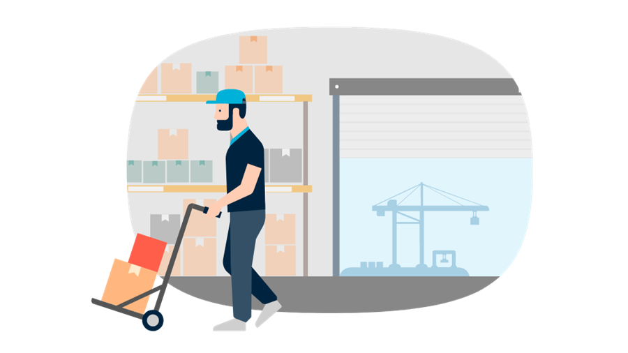 Male moving shipments on a trolley infographic