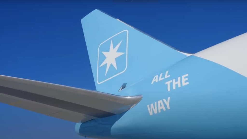 Close up Maersk airplane with all the way written on it