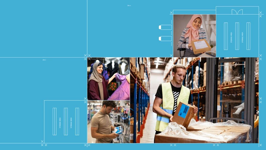 A collage depicting various individuals engaged in tasks within a warehouse environment.
