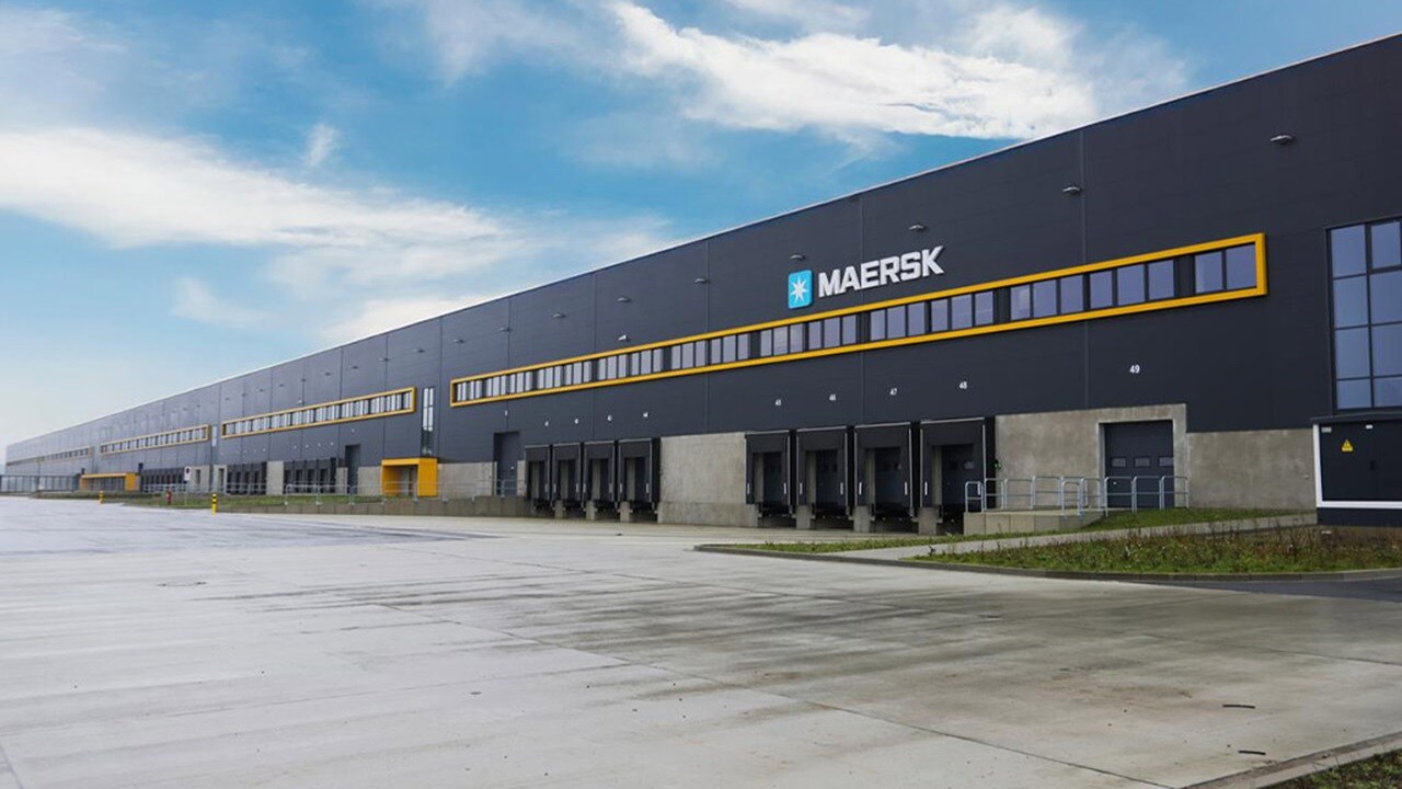 Exterior view of a Maersk logistics warehouse