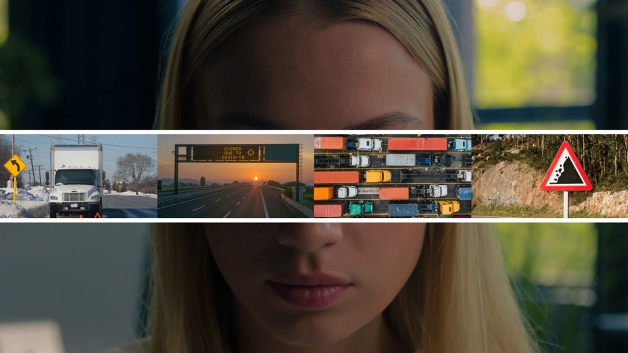 Risk management concept showing disruptions including truck breakdown, highway closure, volcanic eruption, and protest.