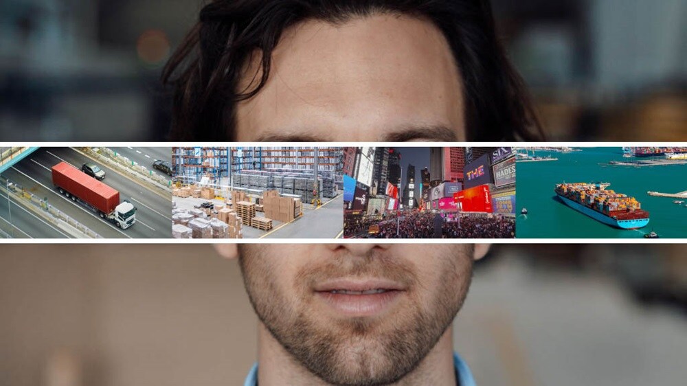 A man's face is partially overlaid with images representing global logistics.