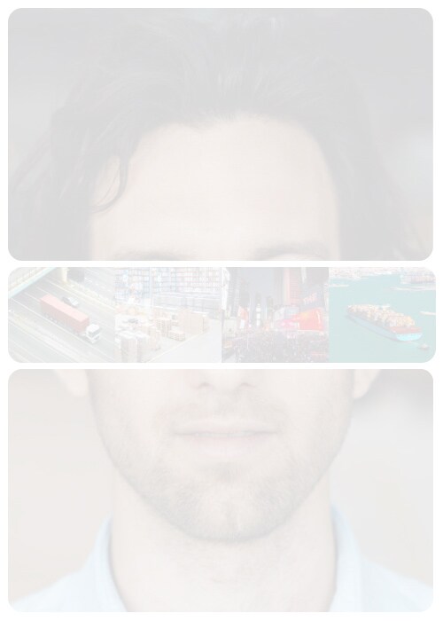 A man's face is partially overlaid with images representing global logistics.