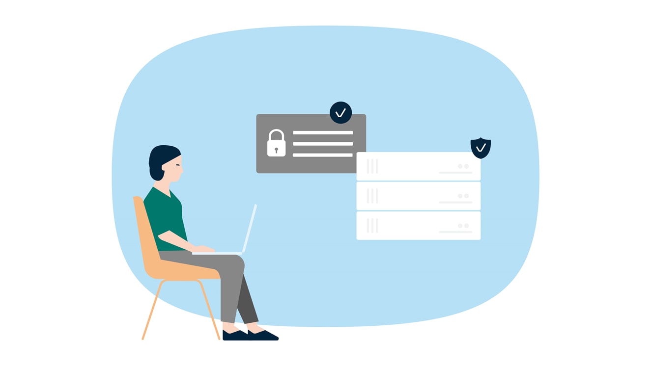 An illustration of a woman making a secure card payment on MyFinance using their laptop.