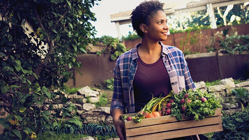 Perishable cargo – A smiling woman holding a basket of fruits and vegetables.